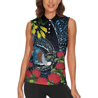 New Zealand Tui Bird Women Sleeveless Polo Shirt Maori Koru Mix Pohutukawa