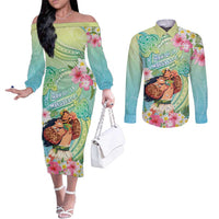 Personalised Hawaii Father's Day Couples Matching Off The Shoulder Long Sleeve Dress and Long Sleeve Button Shirt Happy Father And Child DT04 Green - Polynesian Pride