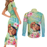 Personalised Hawaii Father's Day Couples Matching Short Sleeve Bodycon Dress and Long Sleeve Button Shirt Happy Father And Child DT04 - Polynesian Pride