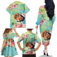 Personalised Hawaii Father's Day Family Matching Off The Shoulder Long Sleeve Dress and Hawaiian Shirt Happy Father And Child