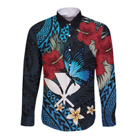 Hawaii Butterfly Long Sleeve Button Shirt Kanaka Maoli Mix Hibiscus DT04 Unisex Black - Polynesian Pride