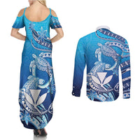 Hawaii Couples Matching Summer Maxi Dress and Long Sleeve Button Shirt Turtle With Hammerhead Shark Oceanic
