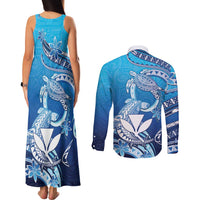 Hawaii Couples Matching Tank Maxi Dress and Long Sleeve Button Shirt Turtle With Hammerhead Shark Oceanic