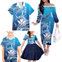 Hawaii Family Matching Off The Shoulder Long Sleeve Dress and Hawaiian Shirt Turtle With Hammerhead Shark Oceanic