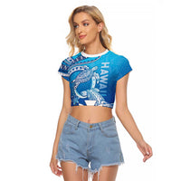 Hawaii Raglan Cropped T Shirt Turtle With Hammerhead Shark Oceanic DT04 Female Blue - Polynesian Pride