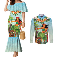 Hawaii Lei Day Couples Matching Mermaid Dress and Long Sleeve Button Shirt Hula Girl With Tropical Forest DT04 Blue - Polynesian Pride