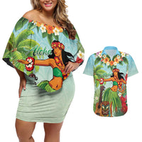 Hawaii Lei Day Couples Matching Off Shoulder Short Dress and Hawaiian Shirt Hula Girl With Tropical Forest DT04 Blue - Polynesian Pride