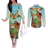 Hawaii Lei Day Couples Matching Off The Shoulder Long Sleeve Dress and Long Sleeve Button Shirt Hula Girl With Tropical Forest DT04 Blue - Polynesian Pride