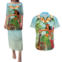 Hawaii Lei Day Couples Matching Puletasi and Hawaiian Shirt Hula Girl With Tropical Forest DT04 Blue - Polynesian Pride