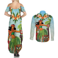 Hawaii Lei Day Couples Matching Summer Maxi Dress and Long Sleeve Button Shirt Hula Girl With Tropical Forest DT04 - Polynesian Pride