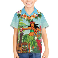 Hawaii Lei Day Family Matching Off Shoulder Short Dress and Hawaiian Shirt Hula Girl With Tropical Forest