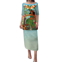 Hawaii Lei Day Puletasi Hula Girl With Tropical Forest DT04 Long Dress Blue - Polynesian Pride