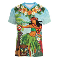 Hawaii Lei Day Women V-Neck T-Shirt Hula Girl With Tropical Forest DT04 Female Blue - Polynesian Pride