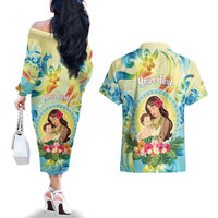 Personalised Hawaii Mother's Day Couples Matching Off The Shoulder Long Sleeve Dress and Hawaiian Shirt I Love You Mom