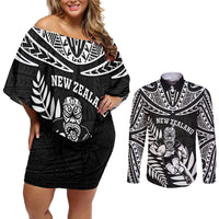 Custom New Zealand Rugby Couples Matching Off Shoulder Short Dress and Long Sleeve Button Shirt Silver Fern Maori Pattern DT04 Black - Polynesian Pride