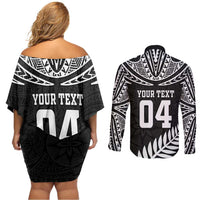 Custom New Zealand Rugby Couples Matching Off Shoulder Short Dress and Long Sleeve Button Shirt Silver Fern Maori Pattern DT04 - Polynesian Pride