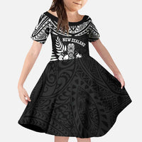 Custom New Zealand Rugby Family Matching Off Shoulder Maxi Dress and Hawaiian Shirt Silver Fern Maori Pattern DT04 Daughter's Dress Black - Polynesian Pride