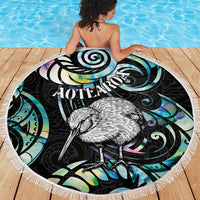 New Zealand Kiwi Bird Beach Blanket Silver Fern Koru Paua Shell
