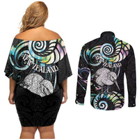 New Zealand Kiwi Bird Couples Matching Off Shoulder Short Dress and Long Sleeve Button Shirt Silver Fern Koru Paua Shell