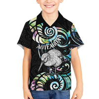 New Zealand Kiwi Bird Family Matching Off The Shoulder Long Sleeve Dress and Hawaiian Shirt Silver Fern Koru Paua Shell
