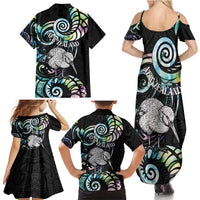 New Zealand Kiwi Bird Family Matching Summer Maxi Dress and Hawaiian Shirt Silver Fern Koru Paua Shell