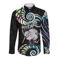 New Zealand Kiwi Bird Long Sleeve Button Shirt Silver Fern Koru Paua Shell