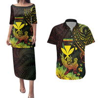 Personalised Hawaii Couples Matching Puletasi and Hawaiian Shirt Kanaka Maoli With Hammerhead Shark DT04 Black - Polynesian Pride