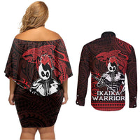 Hawaii Ikaika Warrior Couples Matching Off Shoulder Short Dress and Long Sleeve Button Shirt Hawaiian Tribal Tattoo
