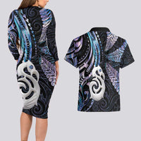 New Zealand Aotearoa Couples Matching Long Sleeve Bodycon Dress and Hawaiian Shirt Maori Hei Manaia Purple Paua Shell