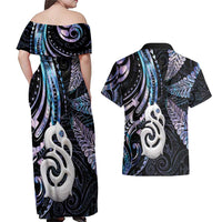 New Zealand Aotearoa Couples Matching Off Shoulder Maxi Dress and Hawaiian Shirt Maori Hei Manaia Purple Paua Shell