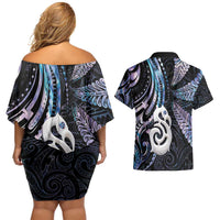 New Zealand Aotearoa Couples Matching Off Shoulder Short Dress and Hawaiian Shirt Maori Hei Manaia Purple Paua Shell