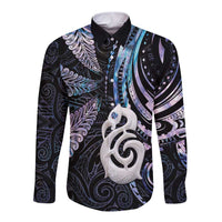 New Zealand Aotearoa Long Sleeve Button Shirt Maori Hei Manaia Purple Paua Shell
