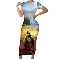 New Zealand ANZAC Day Short Sleeve Bodycon Dress The Ode Remembrance And Poppy DT04 Long Dress Yellow - Polynesian Pride