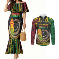 Vanuatu Language Week Couples Matching Mermaid Dress and Long Sleeve Button Shirt Boar Tusk Warrior Tribal Floral Pattern