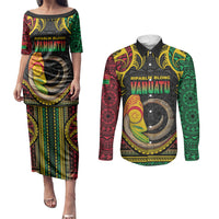 Vanuatu Language Week Couples Matching Puletasi and Long Sleeve Button Shirt Boar Tusk Warrior Tribal Floral Pattern