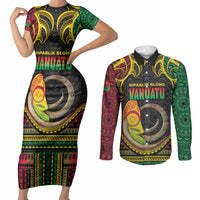 Vanuatu Language Week Couples Matching Short Sleeve Bodycon Dress and Long Sleeve Button Shirt Boar Tusk Warrior Tribal Floral Pattern