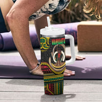 Vanuatu Language Week Tumbler With Handle Boar Tusk Warrior Tribal Floral Pattern