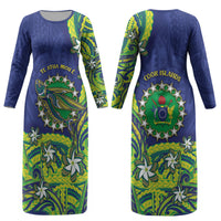 Cook Islands Language Week Couples Matching Long Sleeve Bodycon Dress and Long Sleeve Button Shirt Flying Fish 15 Stars Tribal Patterns