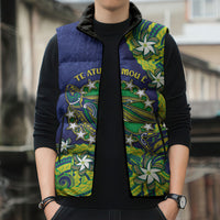 Cook Islands Language Week Sleeveless Puffer Jacket Flying Fish 15 Stars Tribal Patterns