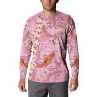 Pink Palaka Hawaiian And Japanese Button Sweatshirt Sakura Lei With Koi Fish - Polynesian Pride