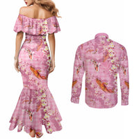 Pink Palaka Hawaiian And Japanese Couples Matching Mermaid Dress and Long Sleeve Button Shirt Sakura Lei With Koi Fish - Polynesian Pride