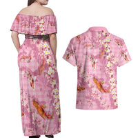 Pink Palaka Hawaiian And Japanese Couples Matching Off Shoulder Maxi Dress and Hawaiian Shirt Sakura Lei With Koi Fish DT05 - Polynesian Pride