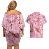 Pink Palaka Hawaiian And Japanese Couples Matching Off Shoulder Short Dress and Hawaiian Shirt Sakura Lei With Koi Fish DT05 - Polynesian Pride
