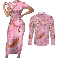 Pink Palaka Hawaiian And Japanese Couples Matching Short Sleeve Bodycon Dress and Long Sleeve Button Shirt Sakura Lei With Koi Fish DT05 Pink - Polynesian Pride