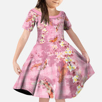 Pink Palaka Hawaiian And Japanese Family Matching Long Sleeve Bodycon Dress and Hawaiian Shirt Sakura Lei With Koi Fish DT05 Daughter's Dress Pink - Polynesian Pride