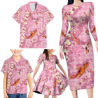 Pink Palaka Hawaiian And Japanese Family Matching Long Sleeve Bodycon Dress and Hawaiian Shirt Sakura Lei With Koi Fish DT05 - Polynesian Pride