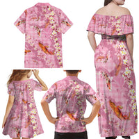 Pink Palaka Hawaiian And Japanese Family Matching Off Shoulder Maxi Dress and Hawaiian Shirt Sakura Lei With Koi Fish DT05 - Polynesian Pride