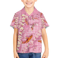 Pink Palaka Hawaiian And Japanese Family Matching Off Shoulder Maxi Dress and Hawaiian Shirt Sakura Lei With Koi Fish DT05 Son's Shirt Pink - Polynesian Pride