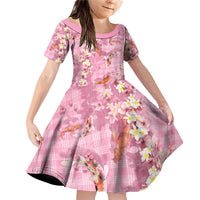 Pink Palaka Hawaiian And Japanese Family Matching Off Shoulder Short Dress and Hawaiian Shirt Sakura Lei With Koi Fish DT05 Daughter's Dress Pink - Polynesian Pride