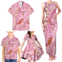 Pink Palaka Hawaiian And Japanese Family Matching Tank Maxi Dress and Hawaiian Shirt Sakura Lei With Koi Fish - Polynesian Pride